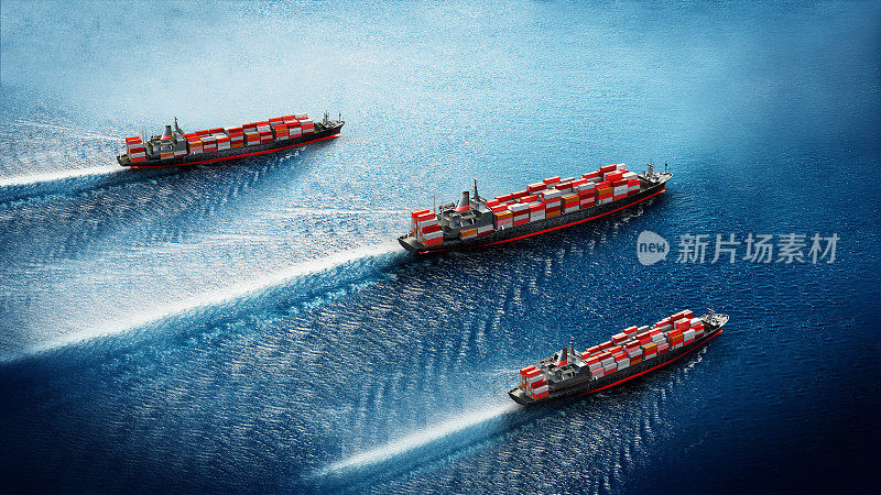 Aerial view of a cargo ships or freighters in the ocean. Sea transportation and logistics concept